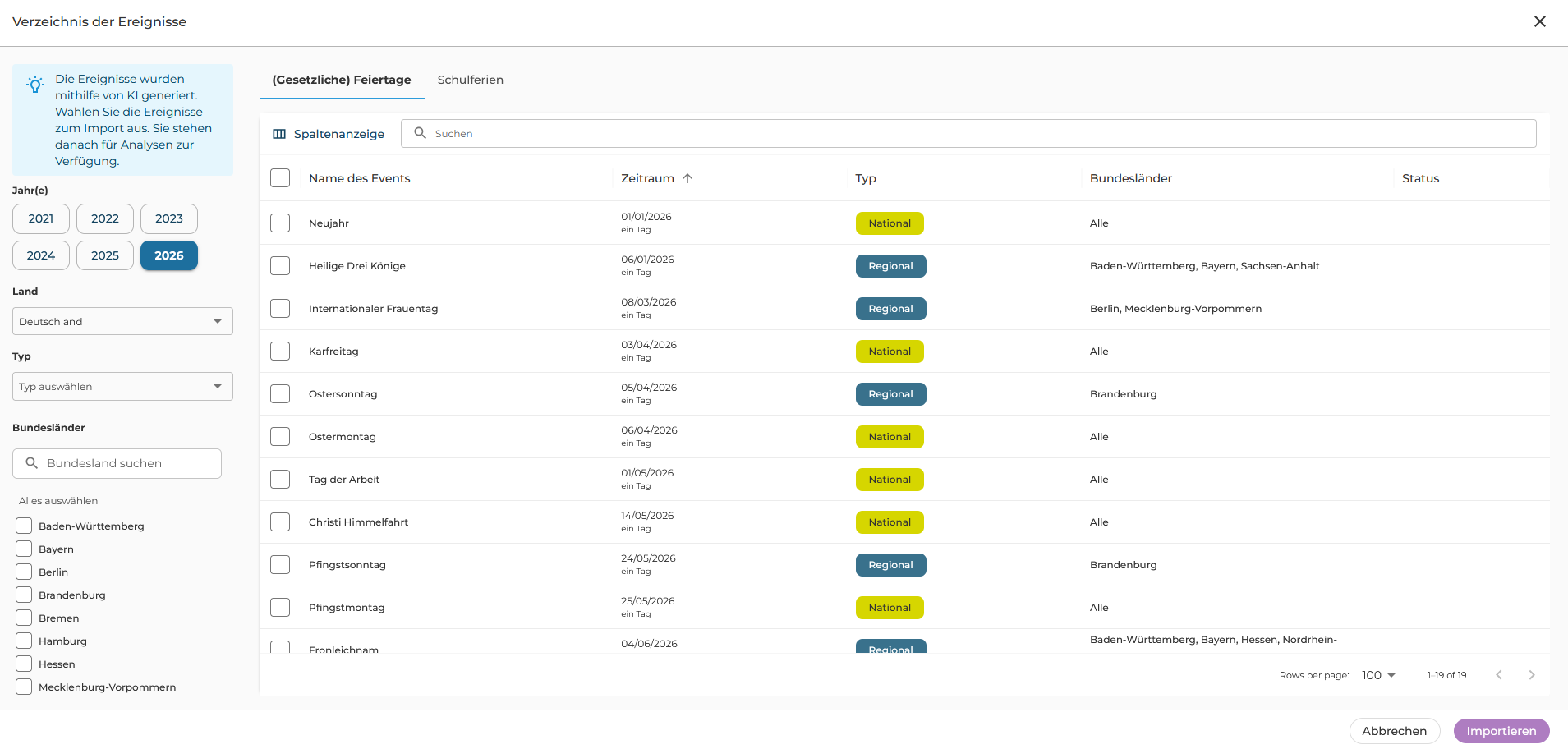Screenshot der Funktion zum Importieren von Urlaubstagen und Feiertagen in der Auswertungssoftware Eco-Visio